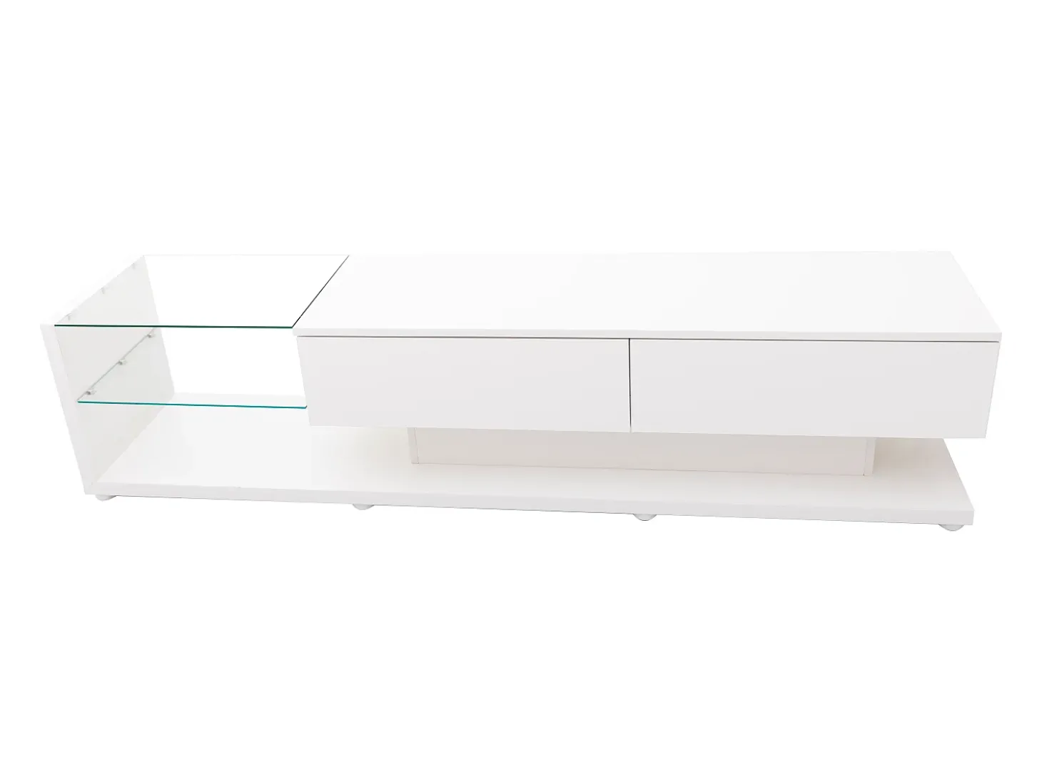 Móvel para TV branco brilhante com iluminação LED, 2 gavetas e 2 prateleiras em vidro - Madeira PB