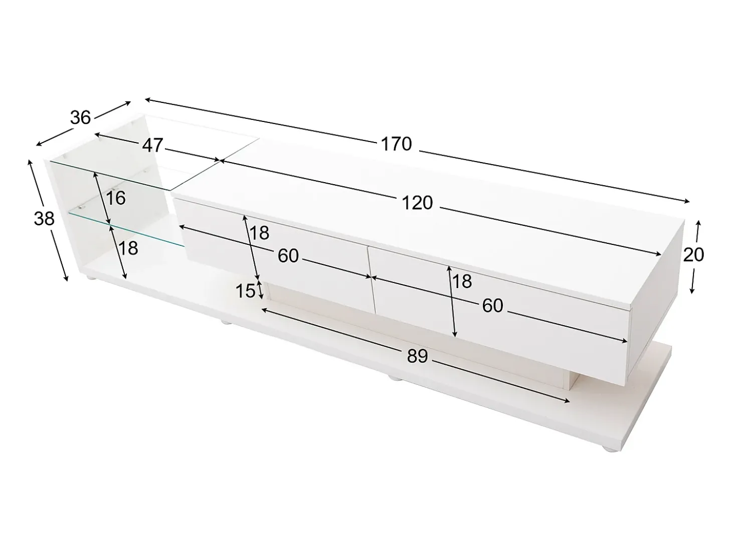 Móvel para TV branco brilhante com iluminação LED, 2 gavetas e 2 prateleiras em vidro - Madeira PB