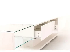 Móvel para TV branco brilhante com iluminação LED, 2 gavetas e 2 prateleiras em vidro - Madeira PB