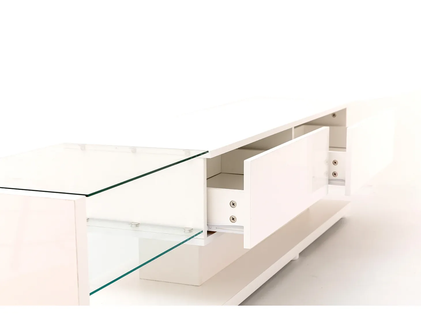 Móvel para TV branco brilhante com iluminação LED, 2 gavetas e 2 prateleiras em vidro - Madeira PB
