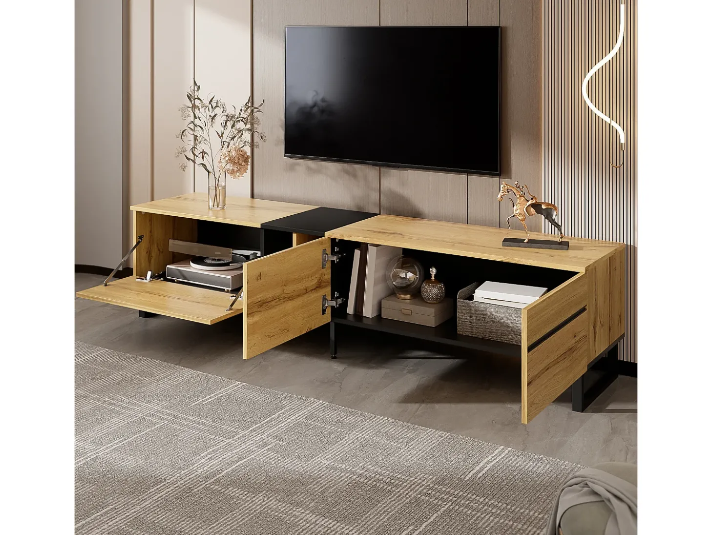 Móvel para TV branco de 180 cm com 3 portas - Madeira PB - Cor: Madeira e preto