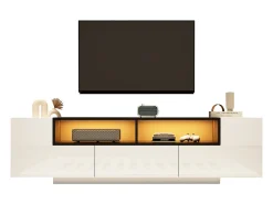 Móvel para TV brilhante 180×40×48 cm - com iluminação LED - 1 gaveta e 2 portas - para televisores de 75 polegadas - branco