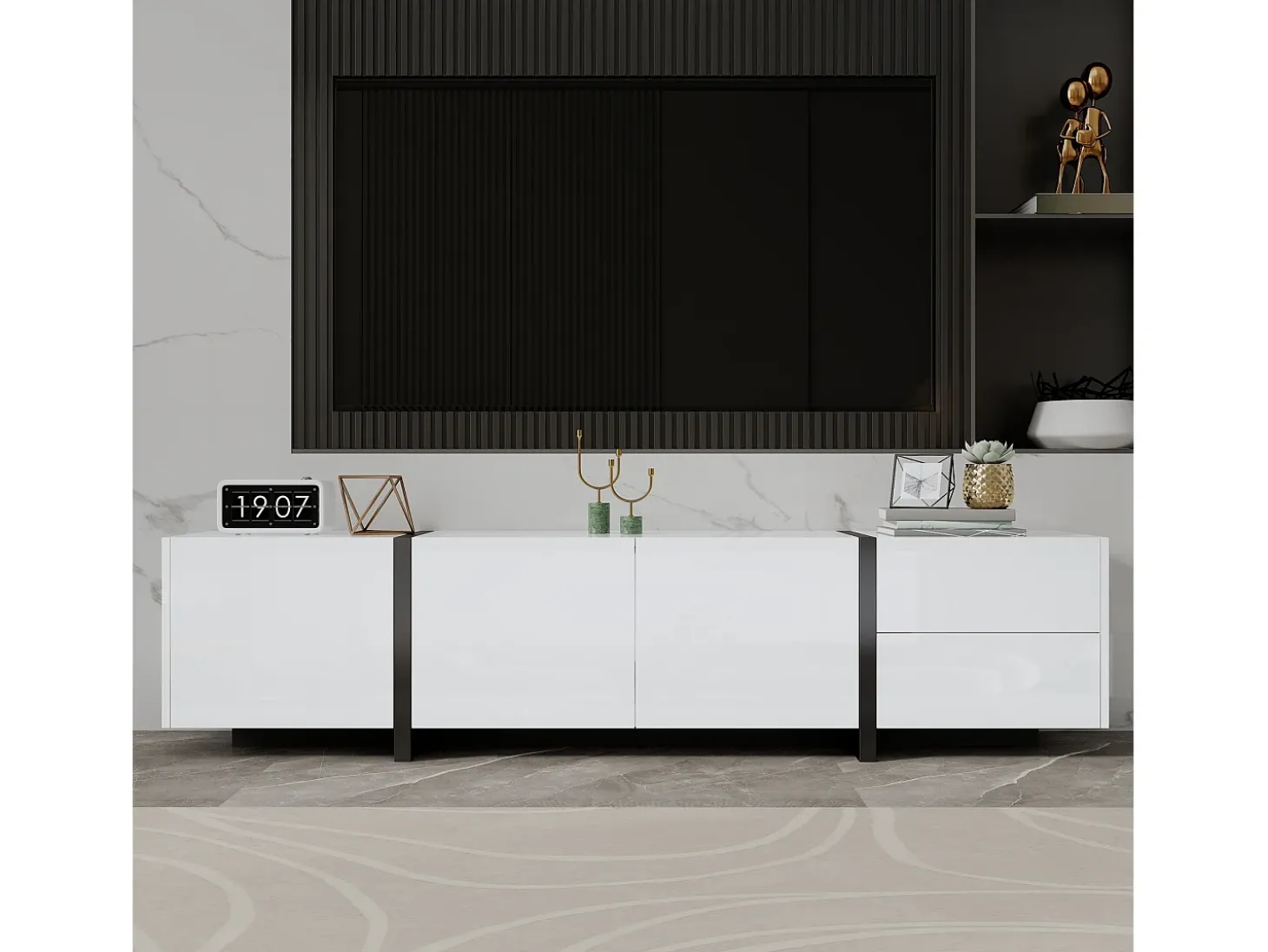 Móvel para TV brilhante 170×30×39 cm - com iluminação LED - 3 portas e 1 gaveta - Painel de partículas - Branco