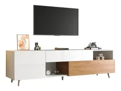 Móvel para TV brilhante 180×38×50 cm - 2 portas e 1 gaveta - Compatível com TVs de 75 polegadas - branco e natural