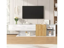 Móvel para TV brilhante 180×38×48 cm - com 2 portas - prateleiras de vidro - acabamento madeirado - painel de partículas - branco + natural