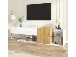 Móvel para TV brilhante 180×38×48 cm - com 2 portas - prateleiras de vidro - acabamento madeirado - painel de partículas - branco + natural