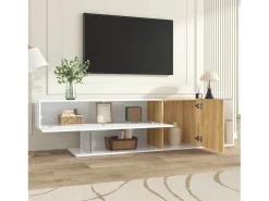 Móvel para TV brilhante 180×38×48 cm - com 2 portas - prateleiras de vidro - acabamento madeirado - painel de partículas - branco + natural
