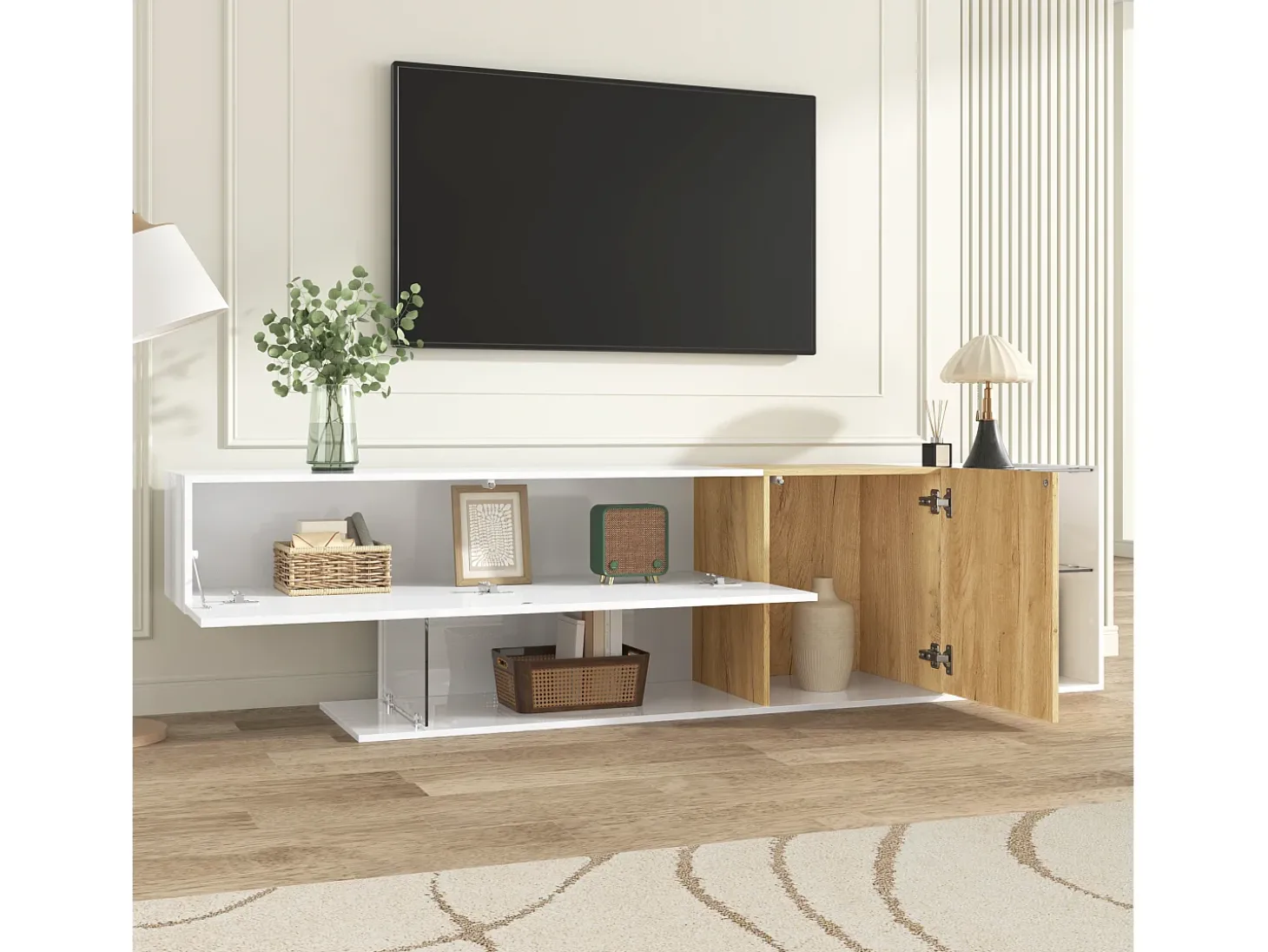 Móvel para TV brilhante 180×38×48 cm - com 2 portas - prateleiras de vidro - acabamento madeirado - painel de partículas - branco + natural