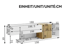 Móvel para TV brilhante 180×38×48 cm - com 2 portas - prateleiras de vidro - acabamento madeirado - painel de partículas - branco + natural