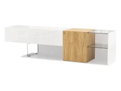 Móvel para TV brilhante 180×38×48 cm - com 2 portas - prateleiras de vidro - acabamento madeirado - painel de partículas - branco + natural