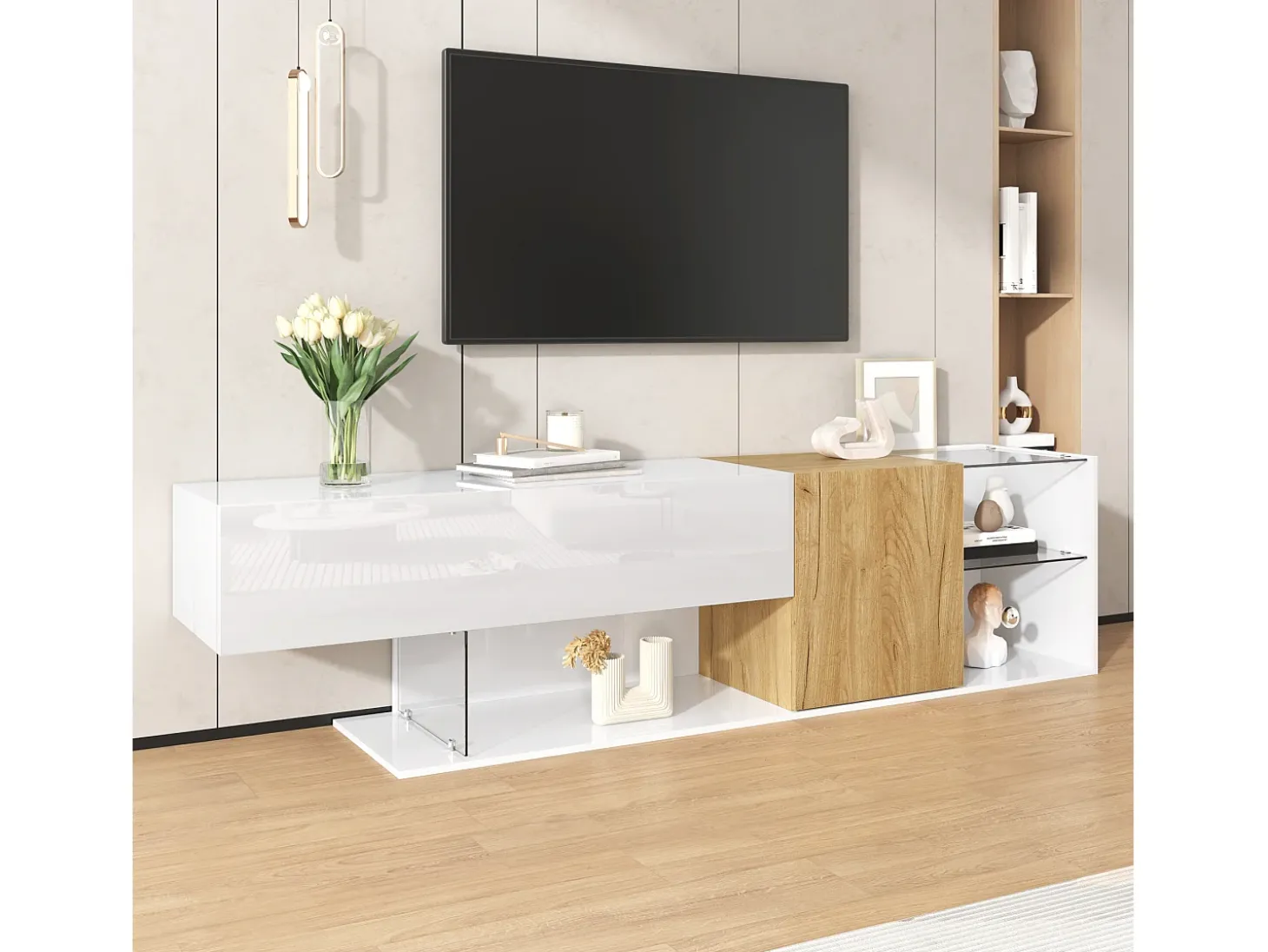 Móvel para TV brilhante 180×38×48 cm - com 2 portas - prateleiras de vidro - acabamento madeirado - painel de partículas - branco + natural