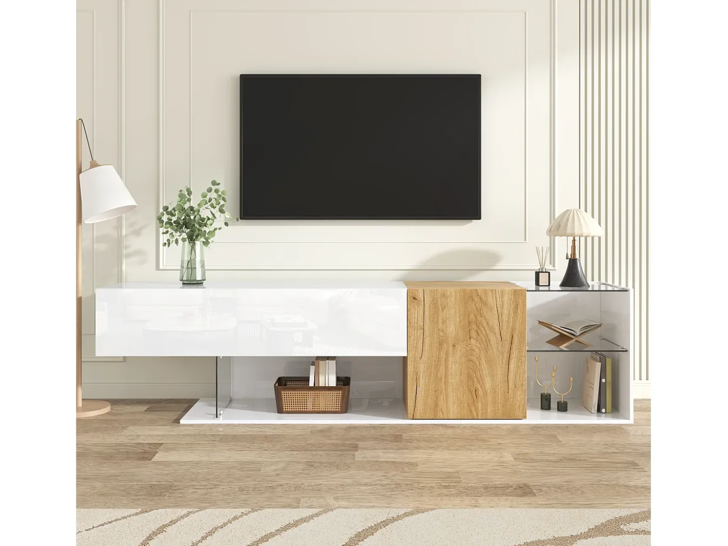 Móvel para TV brilhante 180×38×48 cm - com 2 portas - prateleiras de vidro - acabamento madeirado - painel de partículas - branco + natural