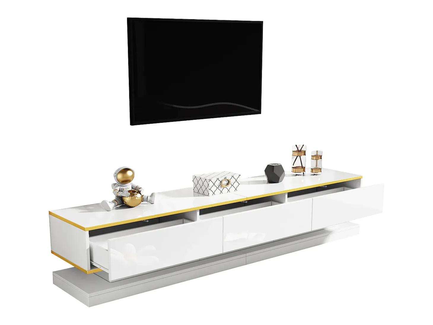 Móvel para TV brilhante 200×40×40 cm - 3 gavetas - Painel de partículas - Branco