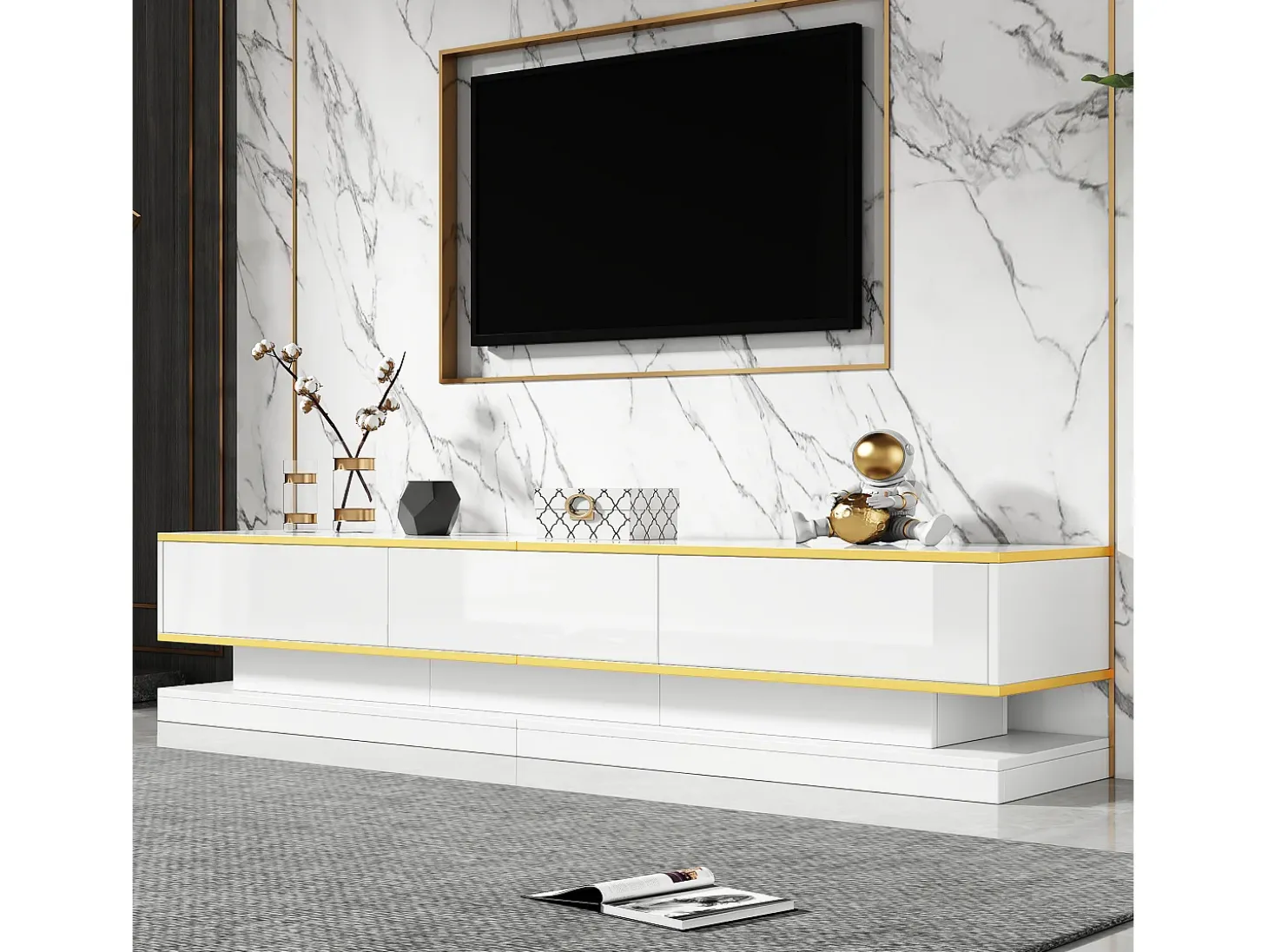 Móvel para TV brilhante 200×40×40 cm - 3 gavetas - Painel de partículas - Branco