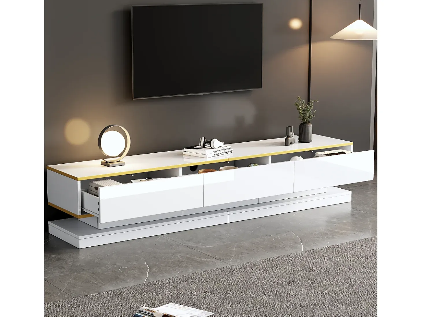 Móvel para TV brilhante 200×40×40 cm - 3 gavetas - Painel de partículas - Branco
