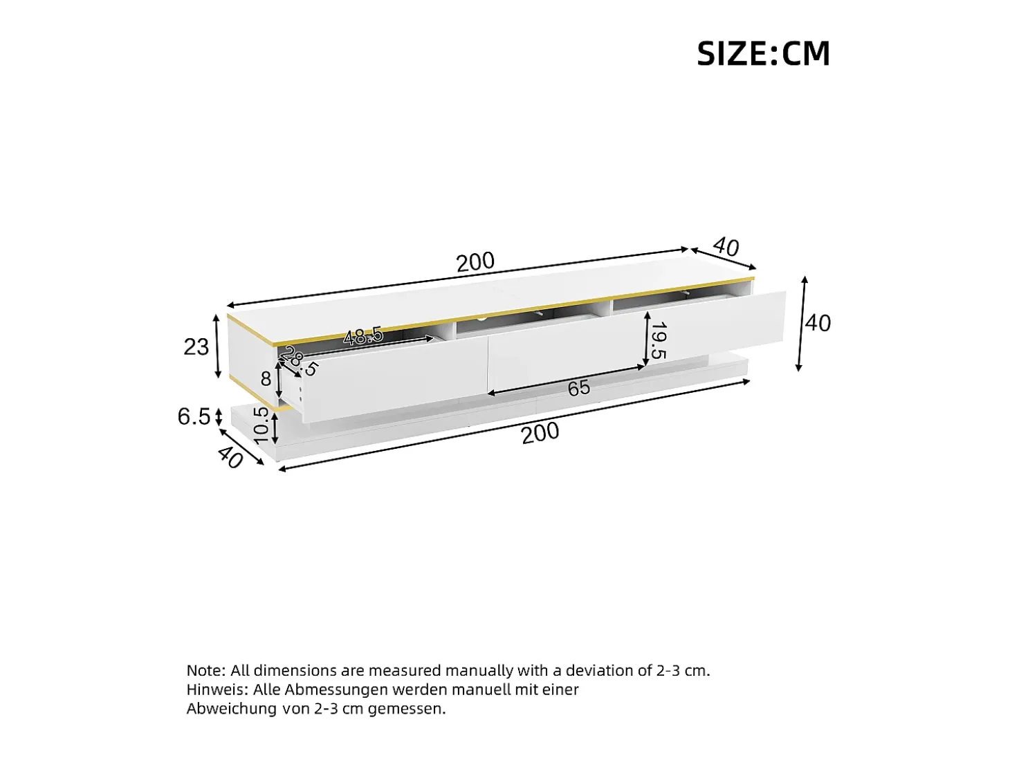 Móvel para TV brilhante 200×40×40 cm - 3 gavetas - Painel de partículas - Branco