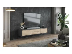 Móvel para TV 180cm, 2 gavetas e 2 portas coleção MAANUM. Cor cinza e carvalho claro.