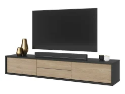 Móvel para TV 180cm, 2 gavetas e 2 portas coleção MAANUM. Cor cinza e carvalho claro.