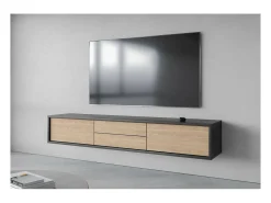 Móvel para TV 180cm, 2 gavetas e 2 portas coleção MAANUM. Cor cinza e carvalho claro.