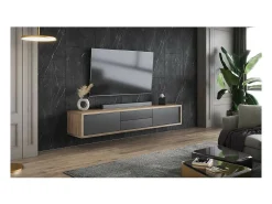 Móvel para TV 180cm, 2 gavetas e 2 portas coleção MAANUM. Cor carvalho claro e cinza.