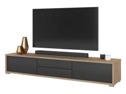 Móvel para TV 180cm, 2 gavetas e 2 portas coleção MAANUM. Cor carvalho claro e cinza.