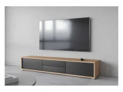 Móvel para TV 180cm, 2 gavetas e 2 portas coleção MAANUM. Cor carvalho claro e cinza.
