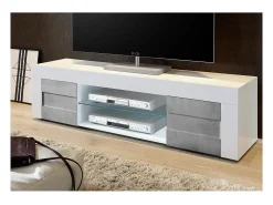 Móvel para TV 180cm, 2 portas, coleção JET, cor branco laqueado brilhante e cinza com aspecto de concreto.