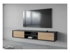 Móvel para TV 180cm, 2 portas e 2 nichos coleção MAANUM. Cor cinza e carvalho claro.
