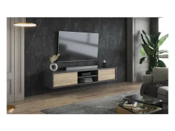 Móvel para TV 180cm, 2 portas e 2 nichos coleção MAANUM. Cor cinza e carvalho claro.