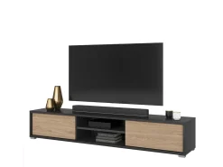 Móvel para TV 180cm, 2 portas e 2 nichos coleção MAANUM. Cor cinza e carvalho claro.