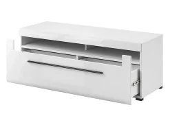 Móvel para TV 140cm coleção BREDA. Cores branco fosco e branco brilhante. Estilo design.