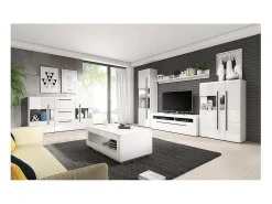 Móvel para TV 140cm coleção BREDA. Cores branco fosco e branco brilhante. Estilo design.