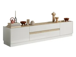 Móvel para TV 205cm coleção FANZY. Cor branco laqueado e carvalho claro, ideal para uma sala de estar moderna.