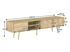 Móvel para TV com 2 gavetas e 2 portas, pés dourados, 160 x 36 x 42 cm