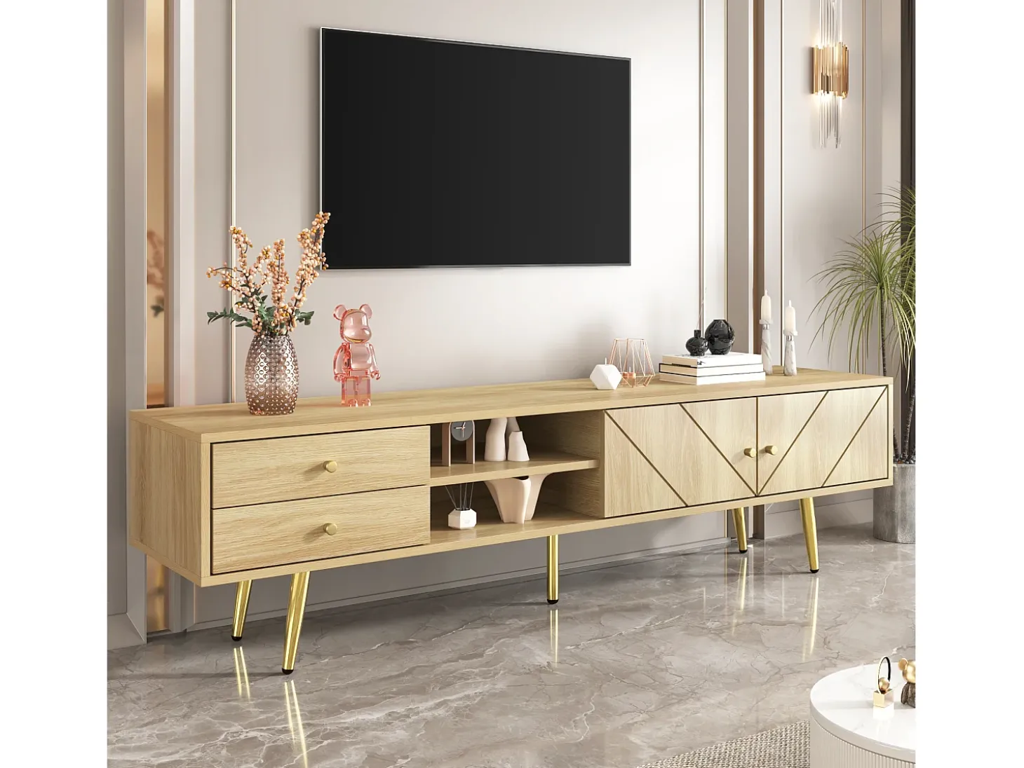 Móvel para TV com 2 gavetas e 2 portas, pés dourados, 160 x 36 x 42 cm