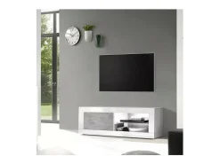 Móvel para TV com 1 porta, coleção CISA, cor branca laqueada brilhante e cinza efeito concreto.