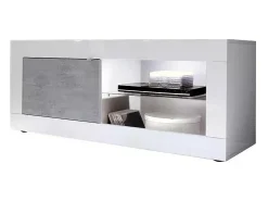 Móvel para TV com 1 porta, coleção CISA, cor branca laqueada brilhante e cinza efeito concreto.