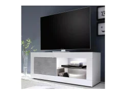 Móvel para TV com 1 porta, coleção CISA, cor branca laqueada brilhante e cinza efeito concreto.