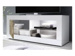 Móvel para TV com 1 porta, coleção CISA, nas cores branco brilhante laqueado e carvalho claro.