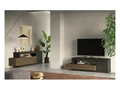 Móvel para TV com 1 porta e 2 gavetas coleção DOMI. Cor cinza antracite carvalho escuro, ideal para uma sala de estar moderna.