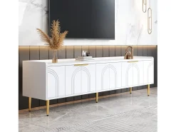 Móvel para TV com 4 portas texturizadas - 170 x 35 x 47,5 cm - puxadores e pés dourados - MDF - branco