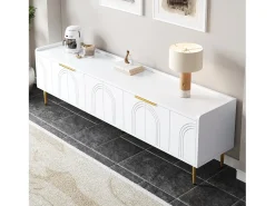 Móvel para TV com 4 portas texturizadas - 170 x 35 x 47,5 cm - puxadores e pés dourados - MDF - branco