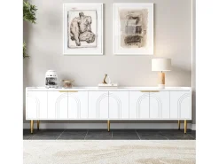 Móvel para TV com 4 portas texturizadas - 170 x 35 x 47,5 cm - puxadores e pés dourados - MDF - branco