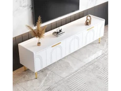 Móvel para TV com 4 portas texturizadas - 170 x 35 x 47,5 cm - puxadores e pés dourados - MDF - branco