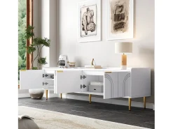 Móvel para TV com 4 portas texturizadas - 170 x 35 x 47,5 cm - puxadores e pés dourados - MDF - branco