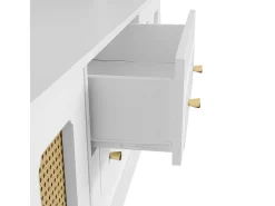 Móvel para TV com 4 portas em rattan e 2 gavetas - Pés em metal dourado - Branco