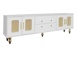 Móvel para TV com 4 portas em rattan e 2 gavetas - Pés em metal dourado - Branco