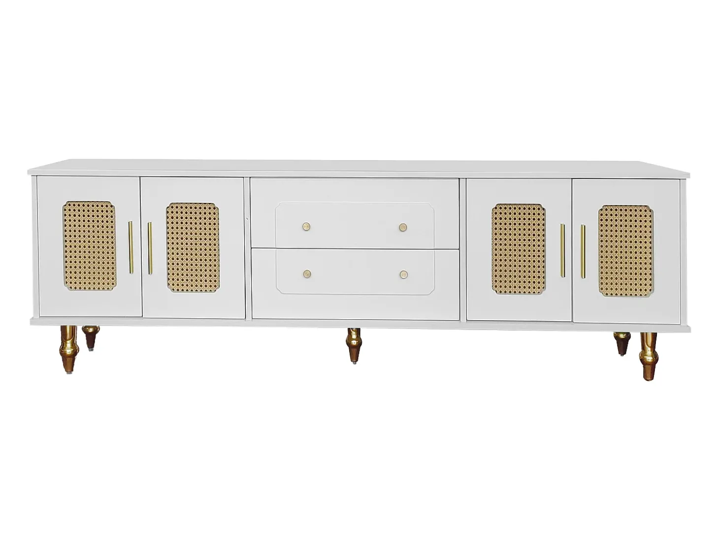Móvel para TV com 4 portas em rattan e 2 gavetas - Pés em metal dourado - Branco