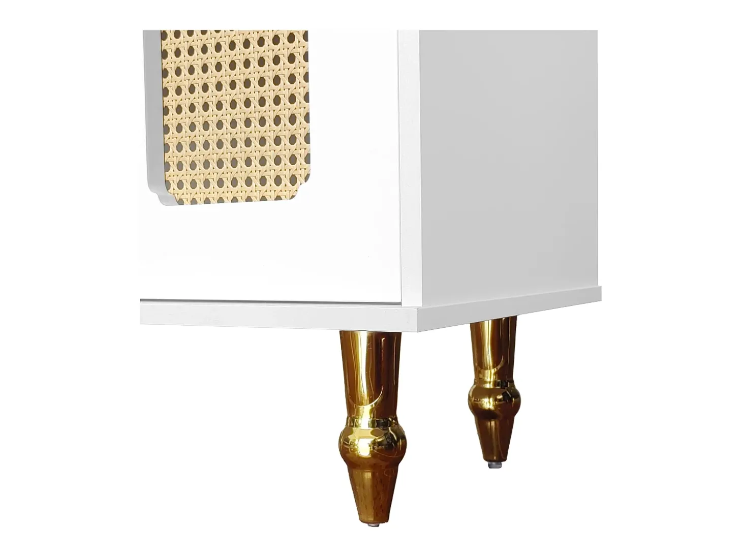 Móvel para TV com 4 portas em rattan e 2 gavetas - Pés em metal dourado - Branco