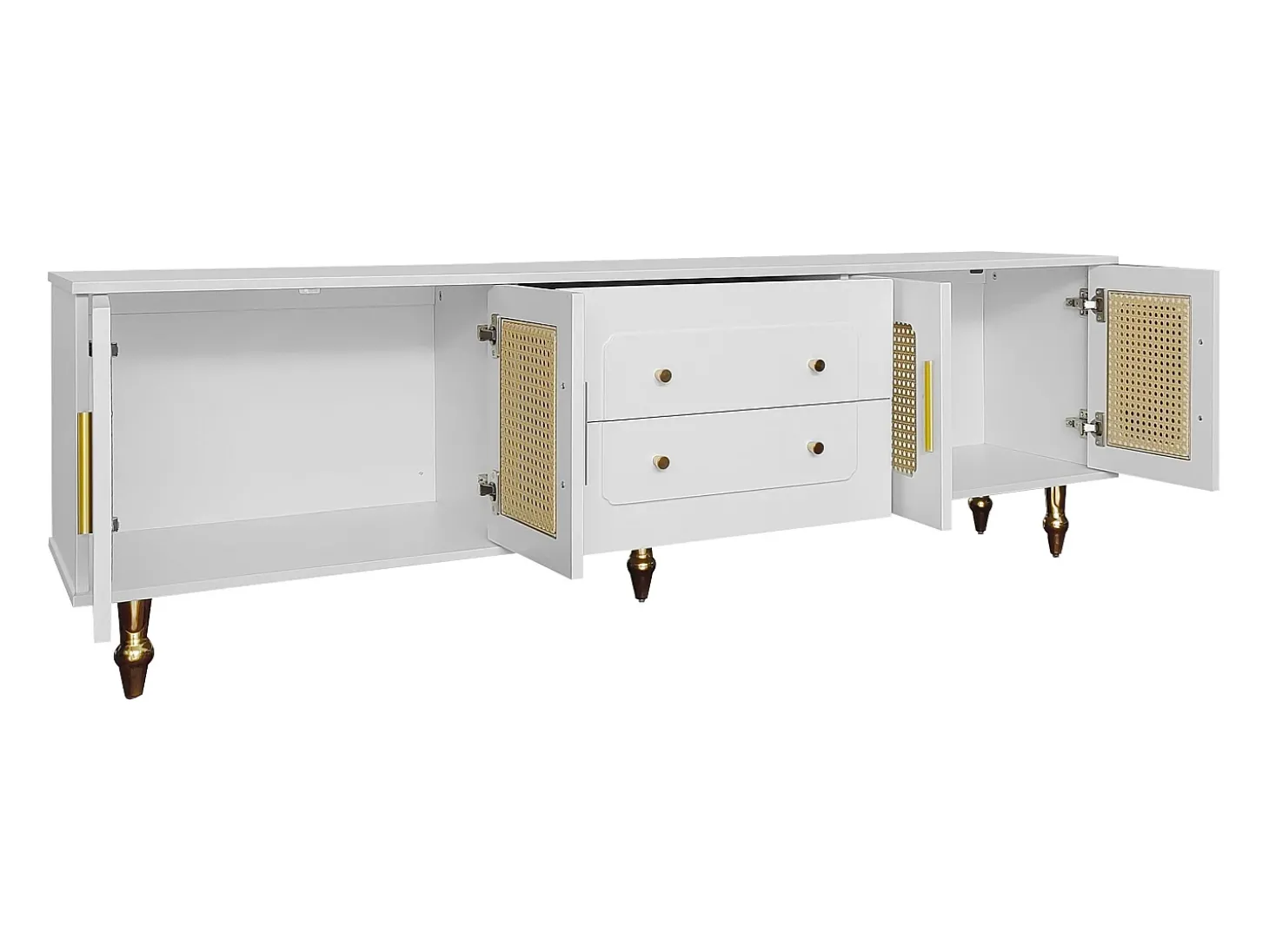 Móvel para TV com 4 portas em rattan e 2 gavetas - Pés em metal dourado - Branco